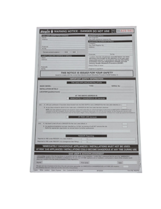 Regin DO NOT USE Gas Safety Warning Notice Landlord Property Report Pad REGP55