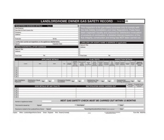 REGIN Landlord/Home Owner Gas Safety Record Pad Triplicate Gas & LPG