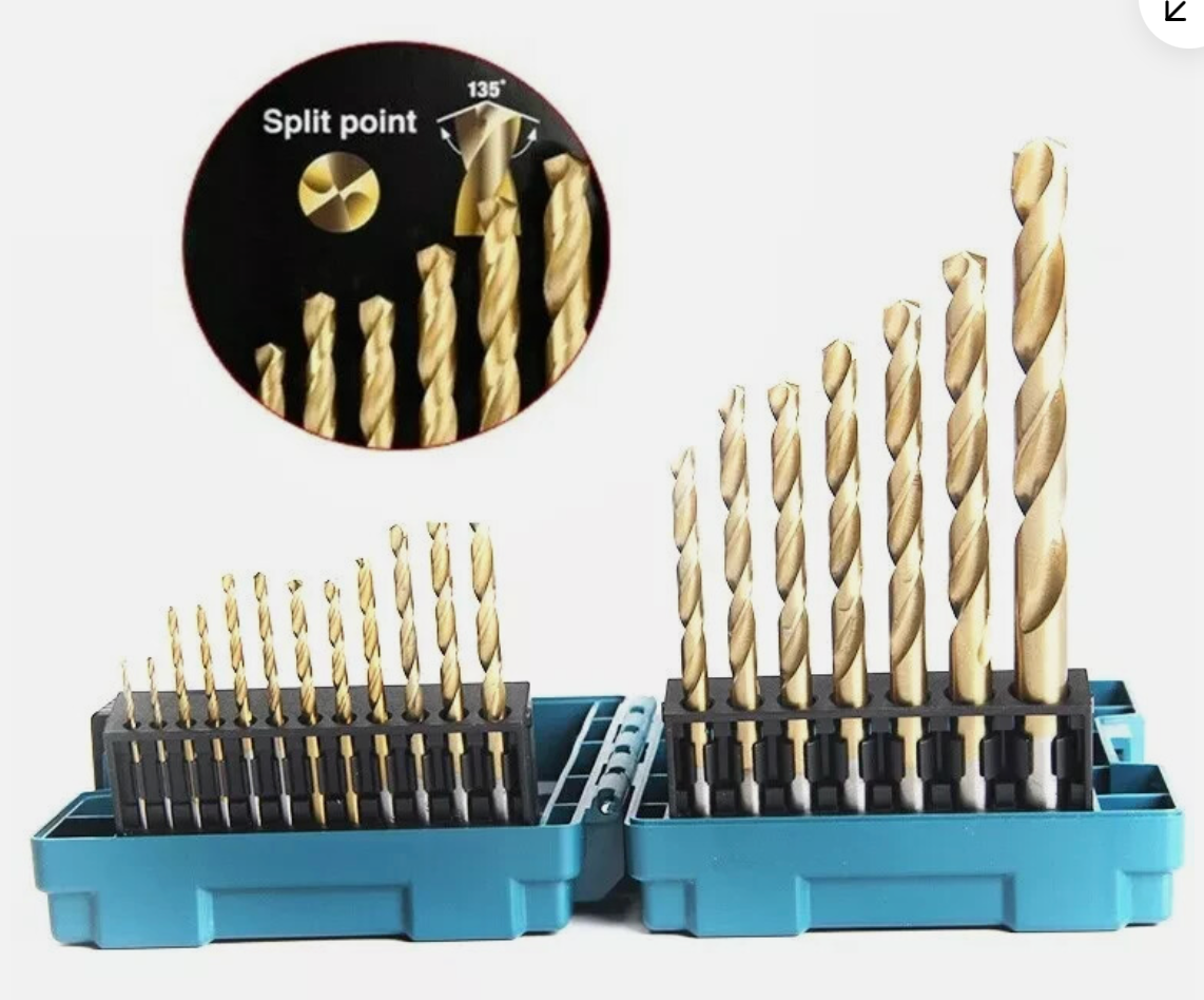 Set of drill bits in a blue holder with an inset showing a close-up of the drill points.
