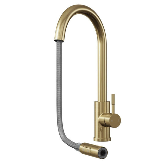 Lujo Brushed Brass Luxury Kitchen Mono Sink Mixer Tap & Pull Out Hand Spray