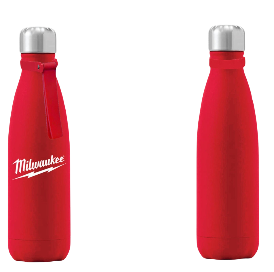 Milwaukee 500ml Insulated Water Bottle Chrome Screw On Lid With Carry Strap
