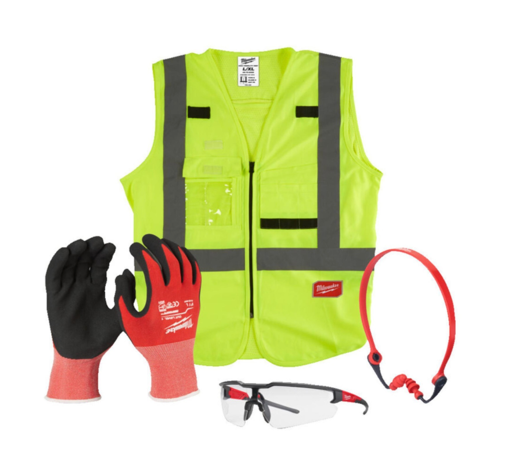 Milwaukee PPE Kit Hi-Viz Vest - Safety Glasses - Ear Defenders - Cut A Gloves
