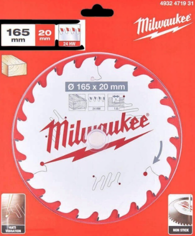 Milwaukee 4932471931 165mm x 20mm 24T Thin Kerf Wood Saw Blade PTFE For Wood