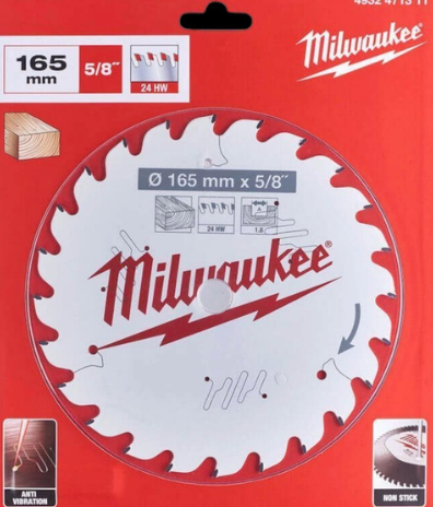 Milwaukee 4932471311 Circular Saw Blade 165mm-15.8mm-24T PTFE Coating For Wood