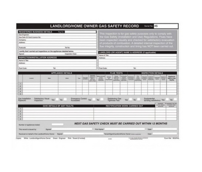 REGIN  Landlord/Home Owner Gas Safety Record Pad Triplicate Gas & LPG
