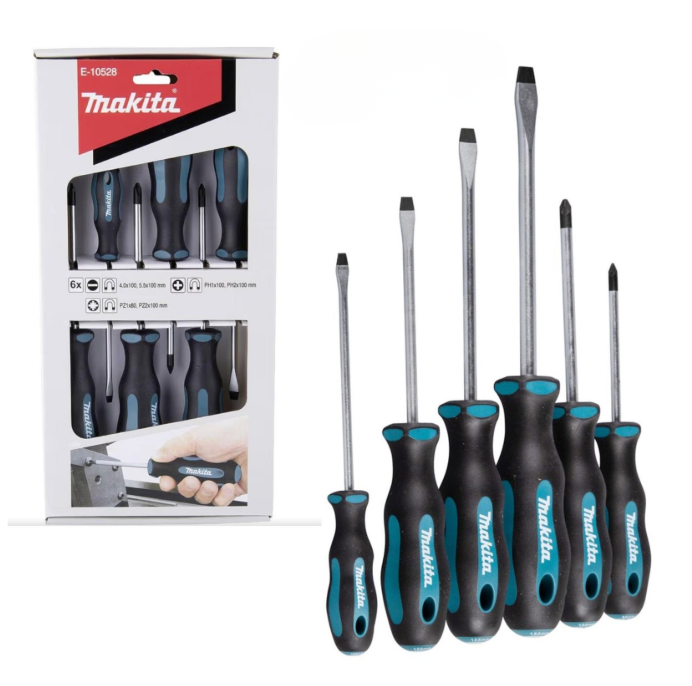 Set of Makita screwdrivers with packaging on a white background