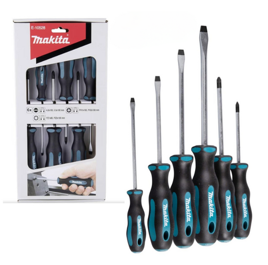 Set of Makita screwdrivers with packaging on a white background
