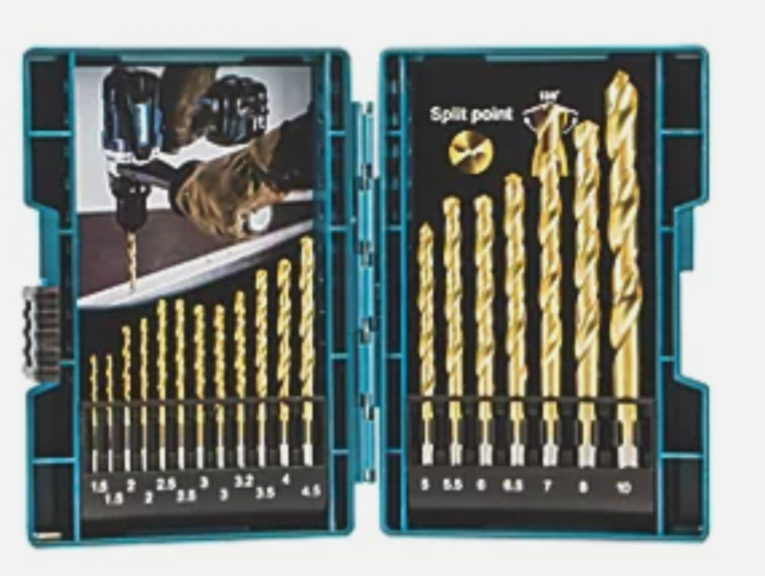 Set of drill bits in a carrying case with a close-up inset showing a drill in action.