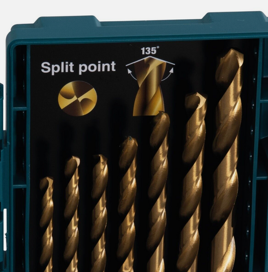Packaged drill bits with a 'Split point' label on a dark background