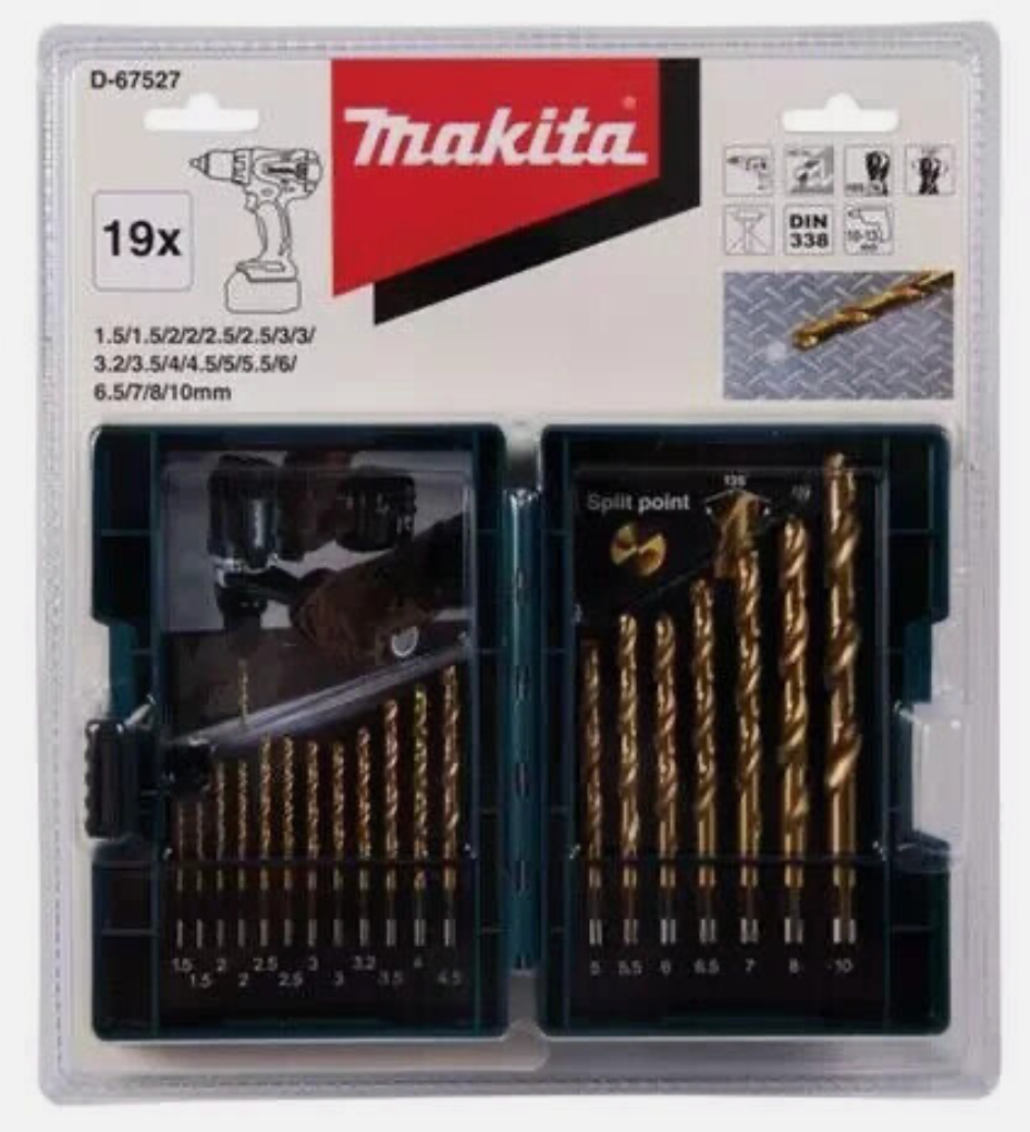 Makita drill bit set packaging with drill bits and driver on a white background
