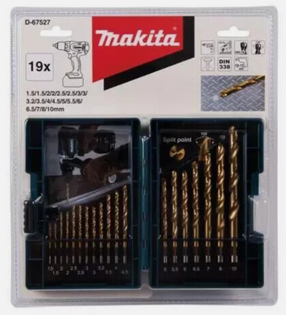Makita drill bit set packaging with drill bits and driver on a white background