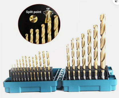 Set of drill bits in a blue holder with an inset showing a close-up of the drill points.