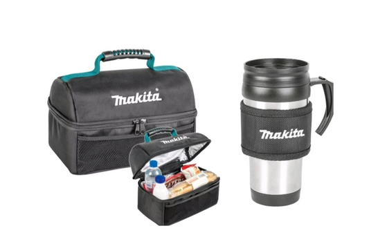 Makita lunch bag and travel mug set on a white background