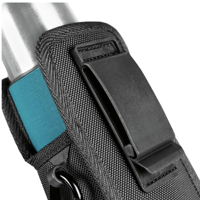 Black strap with a blue patch and metal clip on a white background