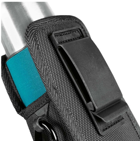 Black strap with a blue patch and metal clip on a white background