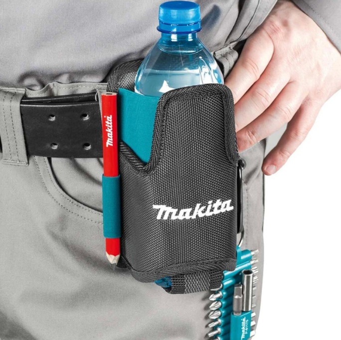 Person holding a water bottle in a Makita tool pouch with tools hanging out.