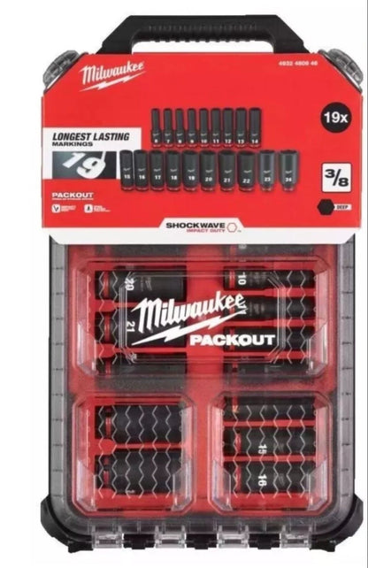 Milwaukee 4932480946 3/8 Drive Packout Deep Impact Shockwave Socket Set 19 PCS