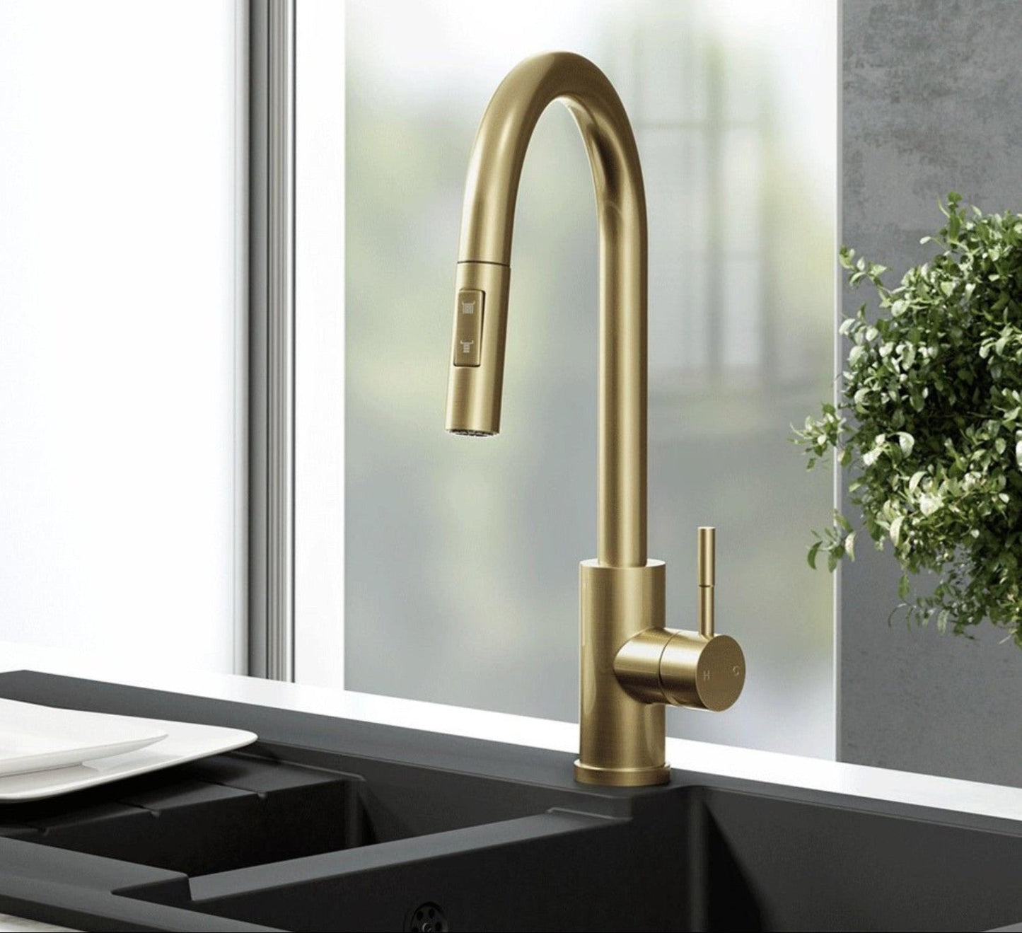 Lujo Brushed Brass Luxury Kitchen Mono Sink Mixer Tap & Pull Out Hand Spray