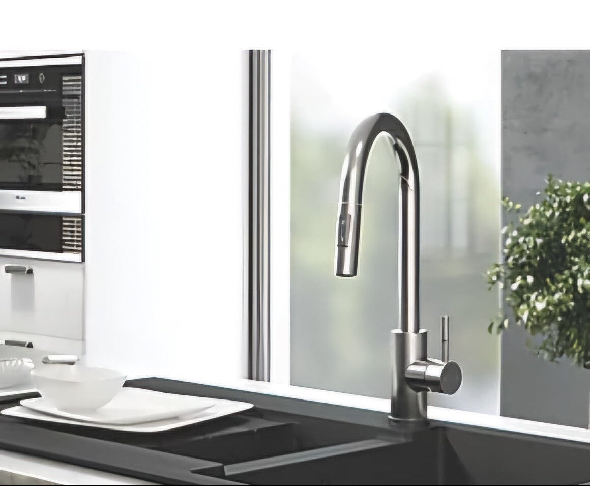Lujo Brushed Steel Luxury Kitchen Mono Sink Mixer Tap With Pull Out Hand Spray