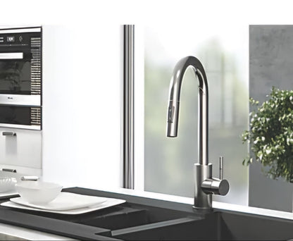 Lujo Brushed Steel Luxury Kitchen Mono Sink Mixer Tap With Pull Out Hand Spray