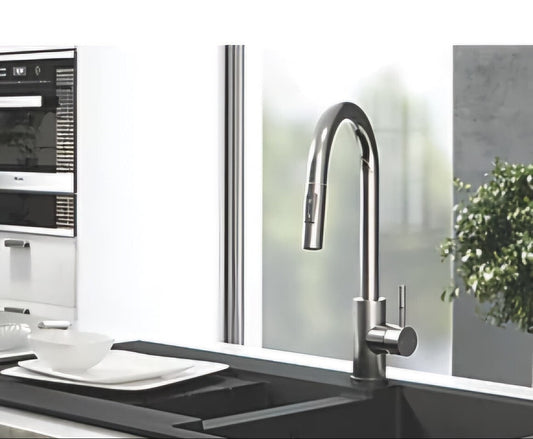 Lujo Brushed Steel Luxury Kitchen Mono Sink Mixer Tap With Pull Out Hand Spray